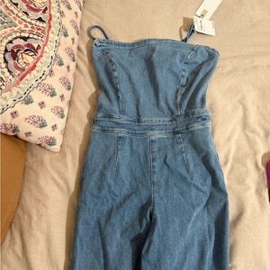 NWT Good American Vacay Blue Denim Sleeveless Tie Back Flare Leg Jumpsuit Sz 3